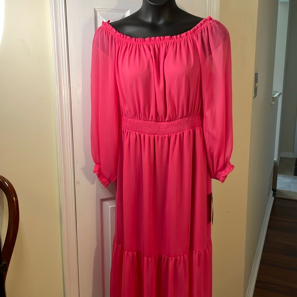 Pink Lined On/Off Shoulder Maxi with Sheer Kick Ruffle Hem and Pouf Sleeves XXL